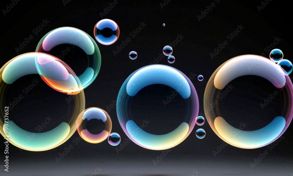 Aufkleber A collection of colorful, iridescent soap bubbles floats against a dark background, creating a visually striking and ethereal effect