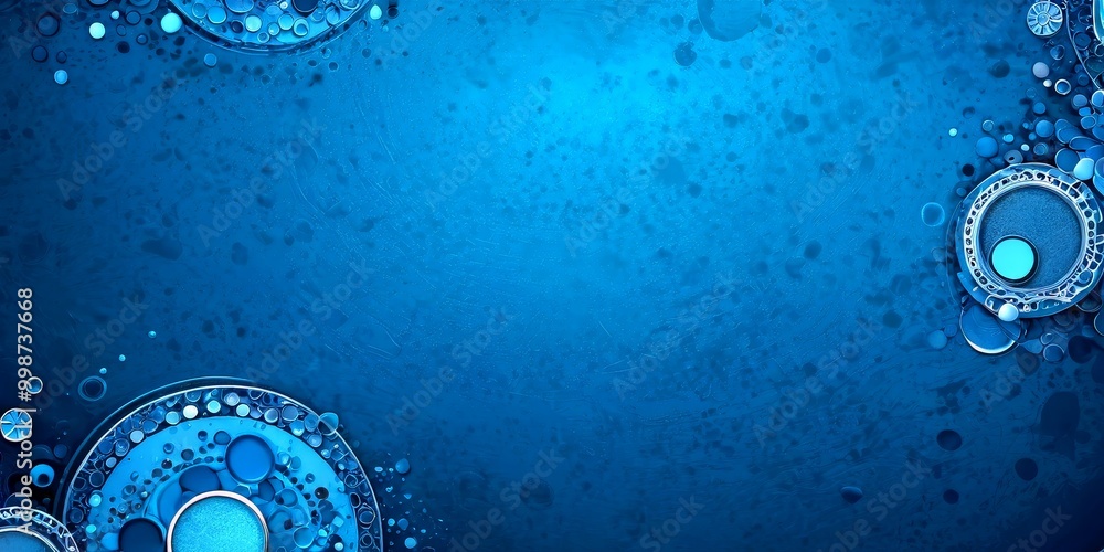 Poster a dark blue background with scattered circular shapes in shades of blue and silver, creating a sense of depth and movement