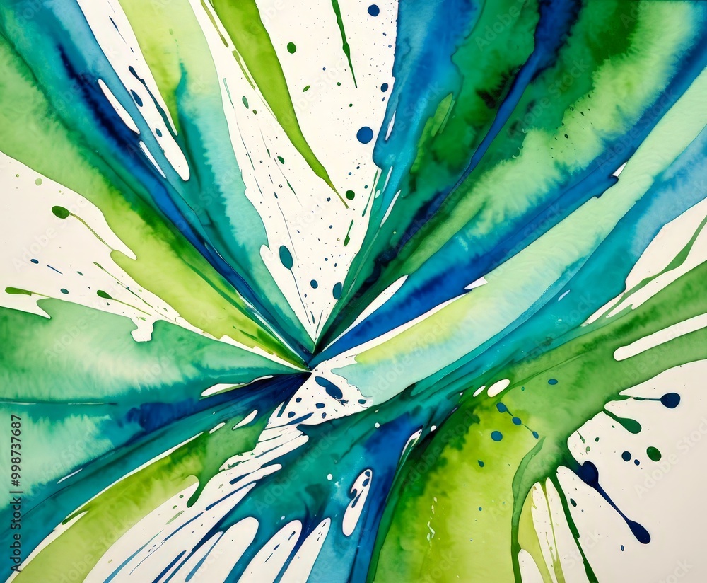 Poster an abstract painting featuring a vibrant mix of green, blue, and white colors, with splashes of colo
