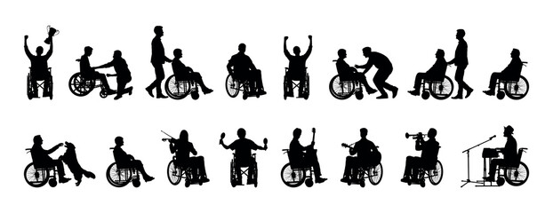 Group people in wheelchair different ages in various poses vector silhouette set collection. 