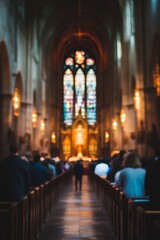 Obraz premium church interior with blurred stained glass windows, high ceilings, and white walls, Blurry figures in the background, emphasizing bokeh effect and spiritual ambiance in a Christian chapel.