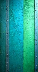 a close-up view textured surface with vertical metal strips in various shades of green and blue, creating a sense of depth and dimension