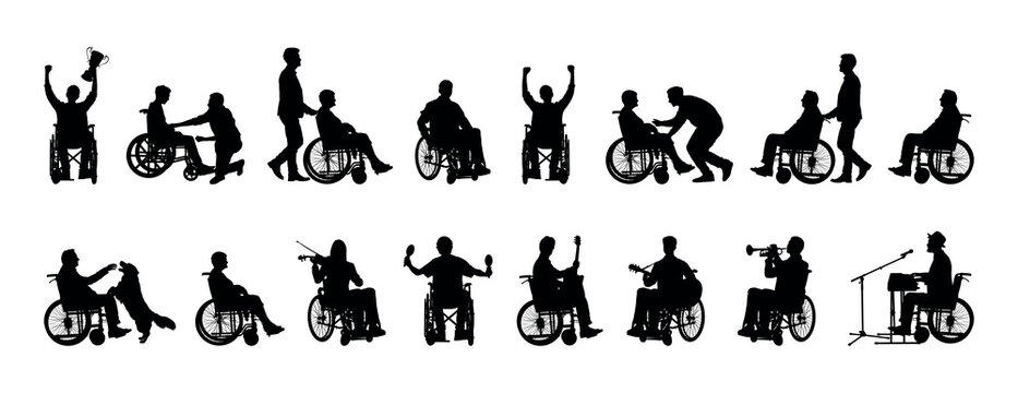 Group people in wheelchair different ages in various poses vector silhouette set collection. 