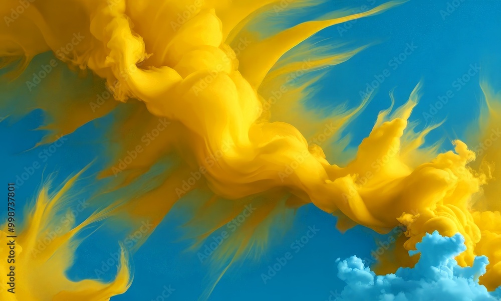 Poster a vibrant, abstract sky with swirling clouds in shades of yellow and blue, creating a dynamic and captivating visual effect