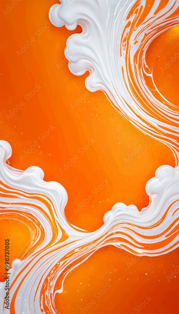 Poster a vibrant abstract composition with a gradient of orange and white, creating a dynamic and fluid visual effect The central focus is a swirling pattern of white and orange