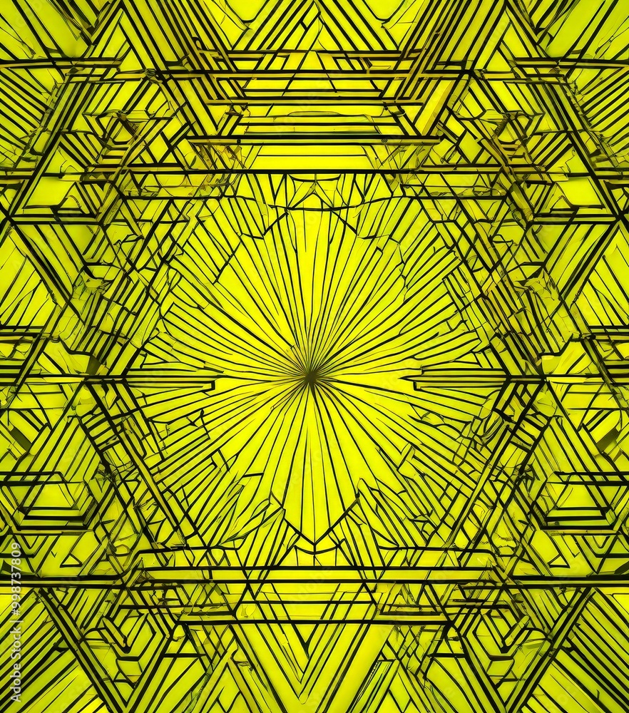 Poster a kaleidoscopic pattern of intersecting lines and rays, creating a vibrant and intricate design The colors are predominantly yellow and black, with the lines and rays