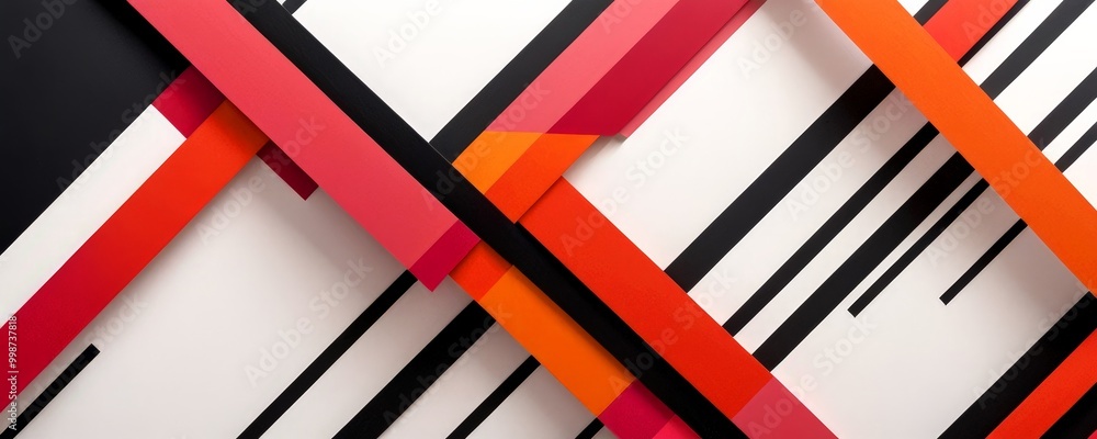 Poster a geometric abstract composition with intersecting lines in various colors, including red, orange, black, and white, creating a visually striking pattern
