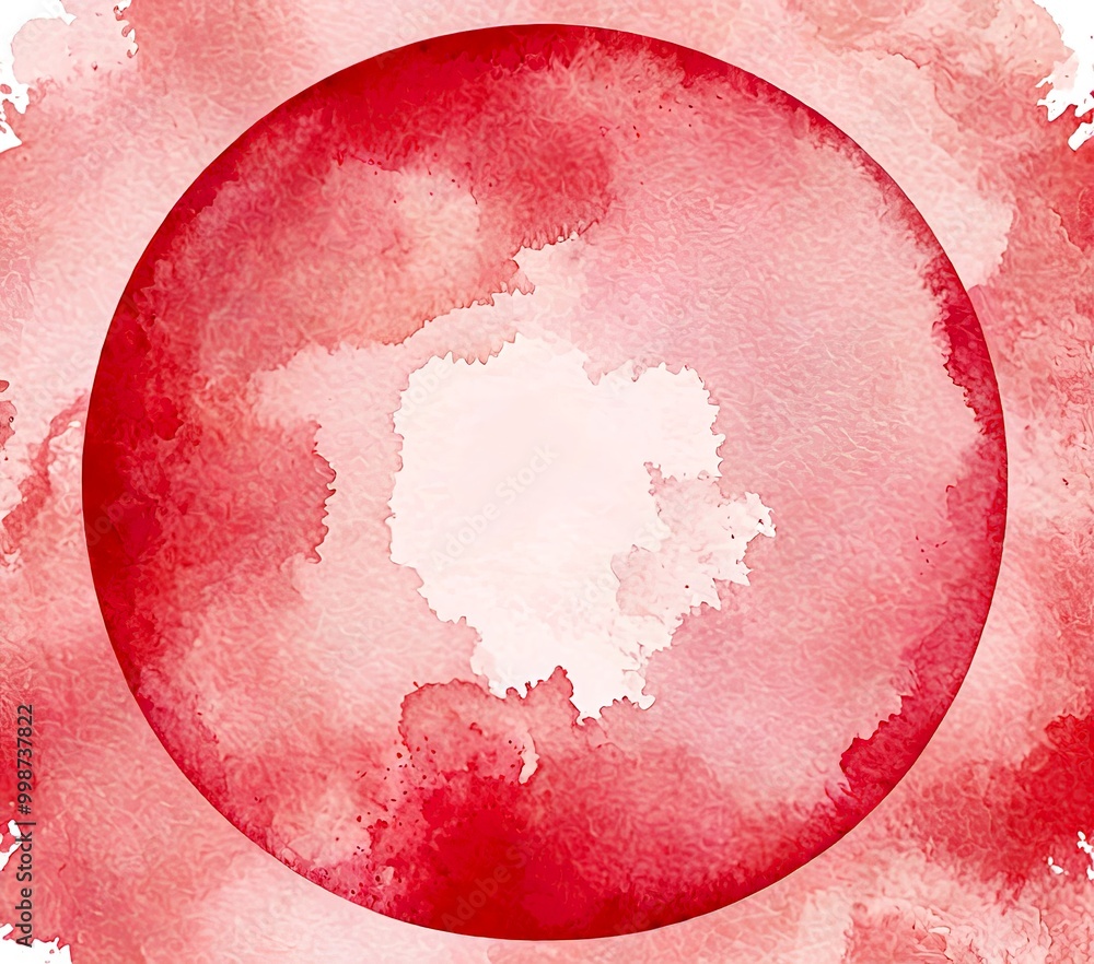Poster a circular watercolor painting with a pink and red color palette, creating a soft and dreamy atmosph