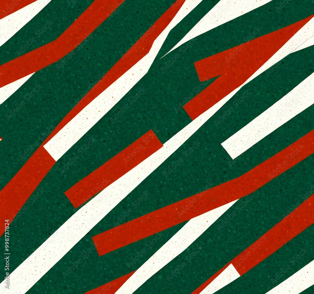 Poster a repeating pattern of intersecting diagonal lines in various shades of green, red, and white, creating a visually striking and abstract design