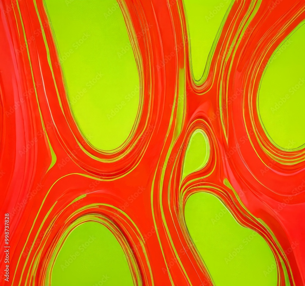 Poster an abstract representation fluid, organic shape composed of overlapping curved lines in vibrant shad