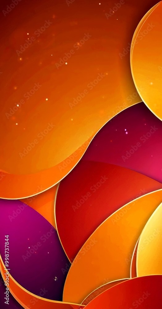 Poster a vibrant abstract composition of overlapping circles in various shades of orange, red, and purple, 