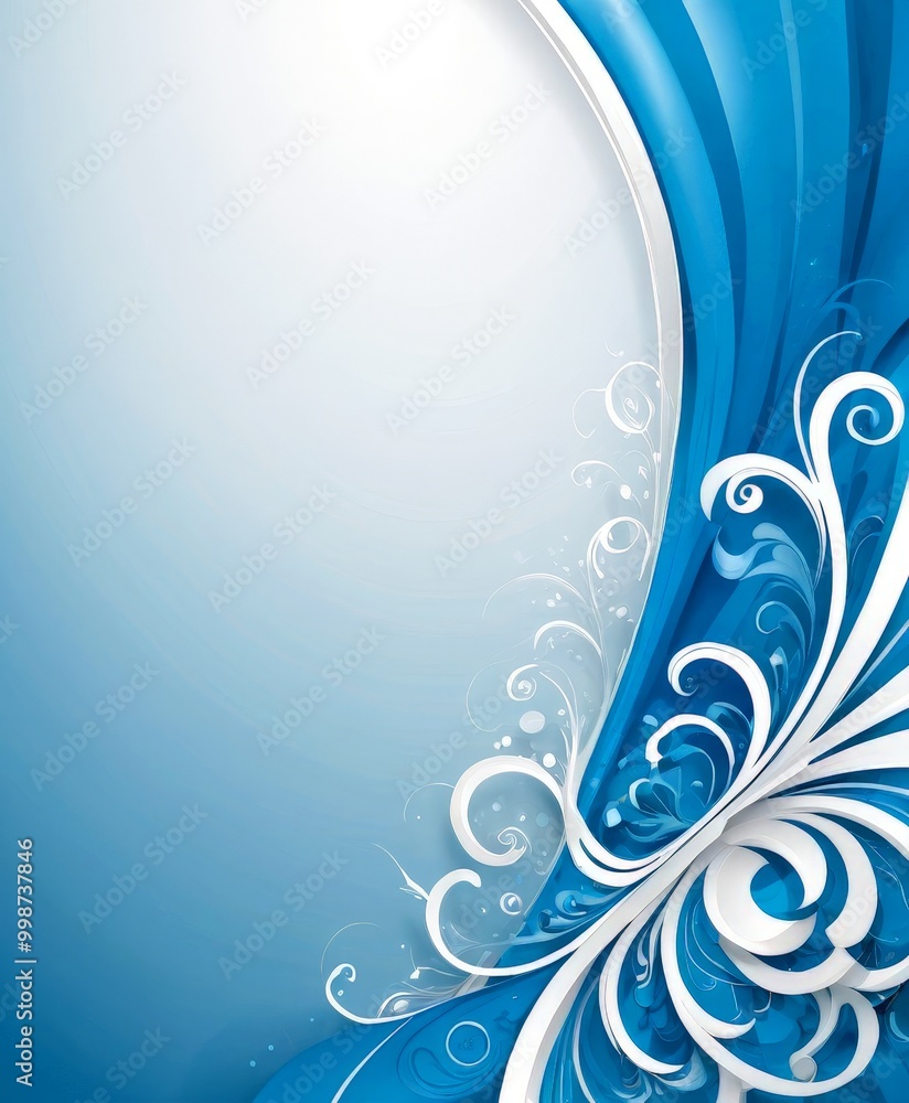 Poster a blue and white abstract design with a central white swirl and a curved white wave on the right side, set against a gradient background transitioning from blue to white