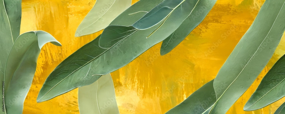 Poster a close-up view of green leaves with yellow and brown brush strokes, creating a textured and abstrac