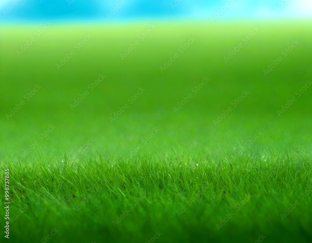 Poster a close-up view lush, green grassy field with a blurred background, creating a serene and tranquil a