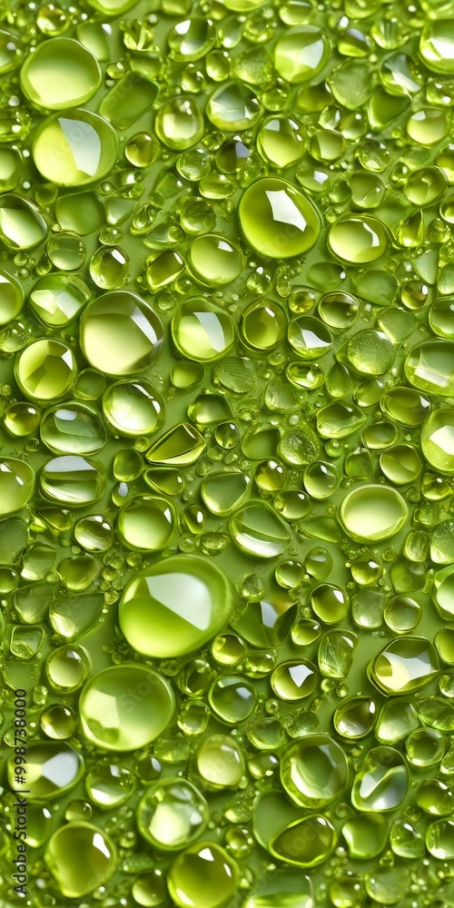 Poster a close-up view of numerous water droplets vibrant green color, scattered across a textured surface