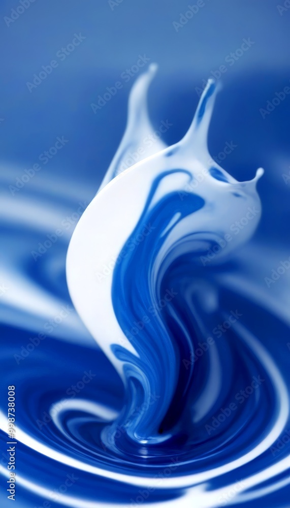 Poster a close-up view swirling, abstract pattern of blue and white paint, creating a sense of movement and fluidity