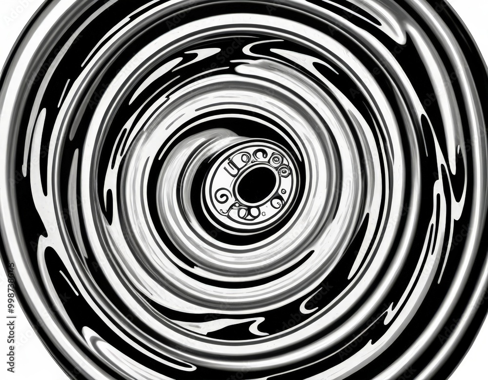 Poster a black and white abstract composition featuring a central circular element with a spiral pattern around it, creating a sense of depth and movement