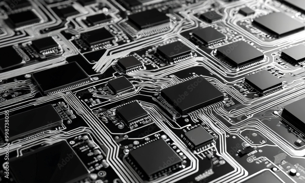 Poster A close-up view complex circuit board, showcasing intricate black and white patterns of electronic components