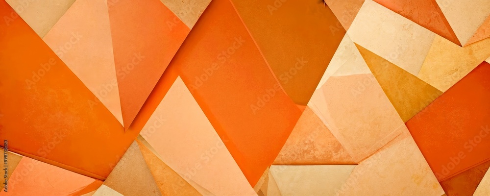 Poster a geometric pattern composed of overlapping triangular shapes in various shades of orange and beige,