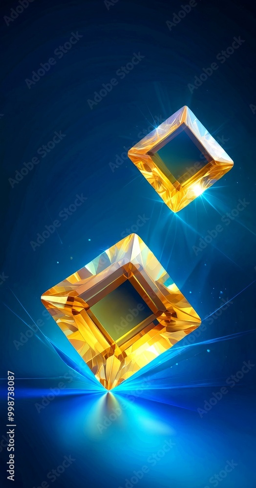 Poster Two diamond-shaped objects with a yellowish hue float in a blue-tinted space, surrounded by a radiant blue glow and sparkling particles
