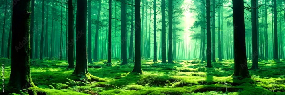 Poster a dense, moss-covered forest with tall, dark-trunked trees and a soft, green light filtering through