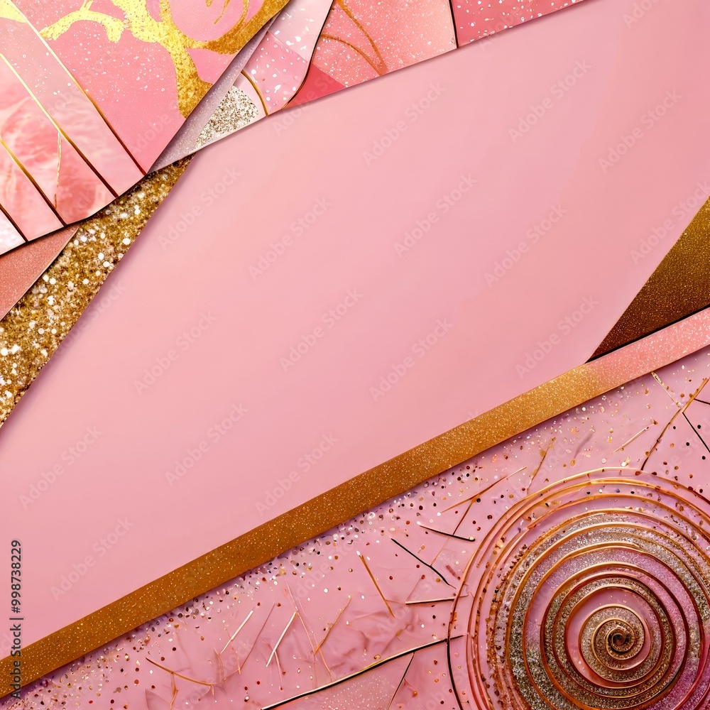 Aufkleber a pink background with gold and white geometric shapes, including a spiral design and a triangular pattern