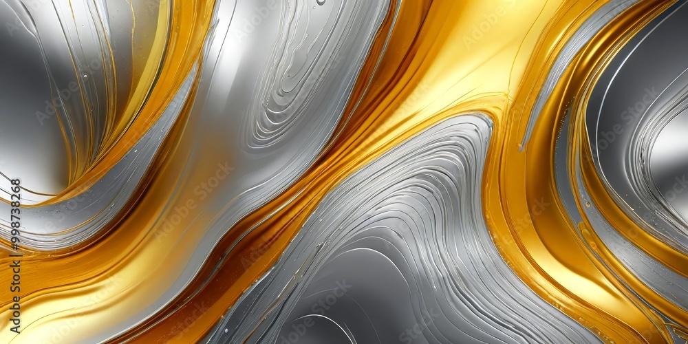 Poster a striking abstract composition of swirling, metallic lines in shades of gold and silver, creating a