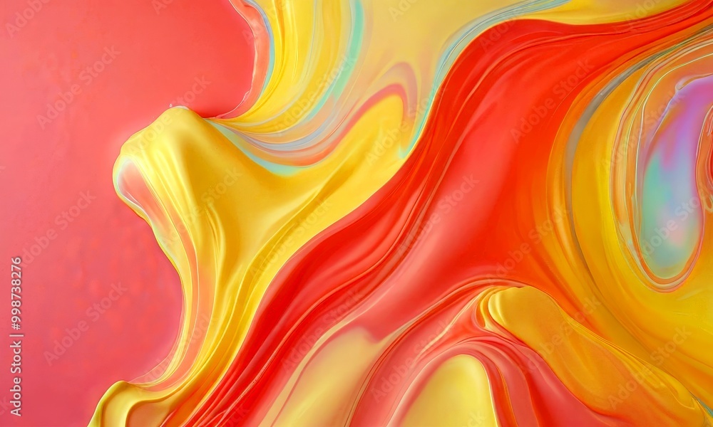 Poster a vibrant abstract composition of fluid, swirling colors in shades of pink, yellow, and blue, creati
