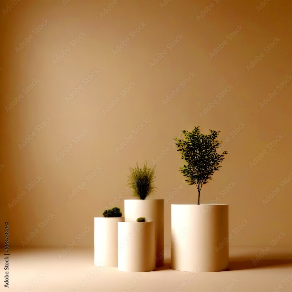Aufkleber three cylindrical white planters with small green plants in them are arranged in a row against a bei