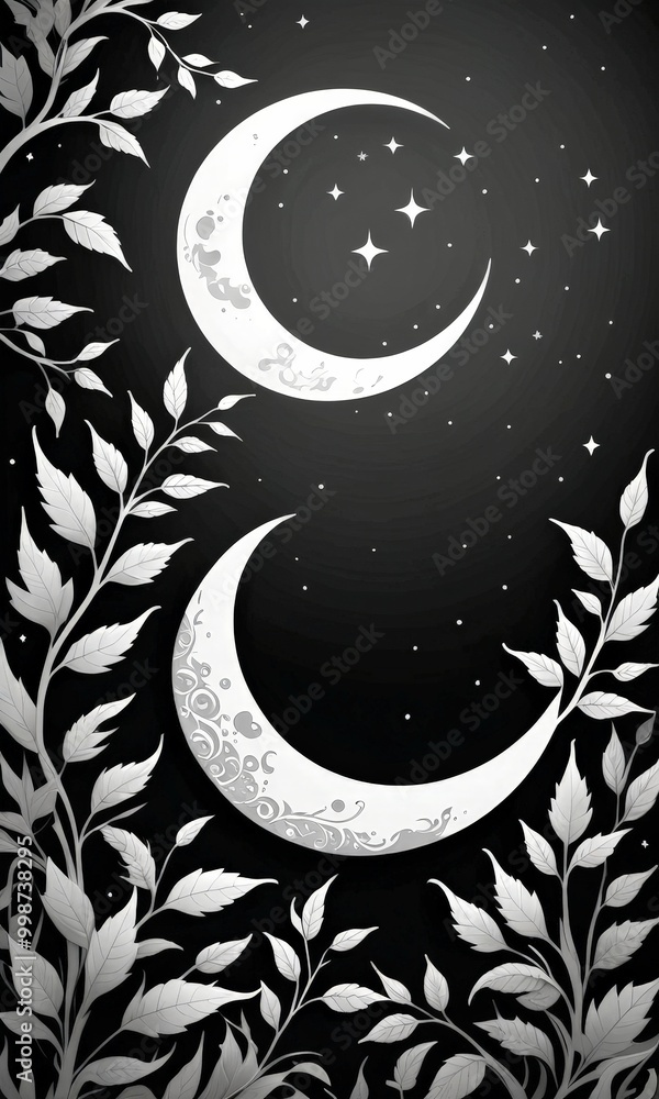 Poster a crescent moon with a starry night sky in the background, surrounded by a black and white floral pa