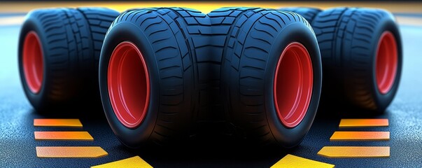 Four high-performance tires with red rims positioned on a marked surface, ideal for automotive and racing themes.