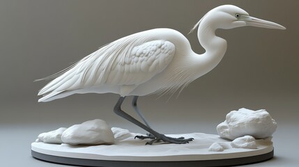 Elegant white heron sculpture standing on a base, showcasing intricate details and a serene pose in a modern design.