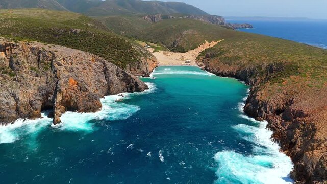 Aerial view on Cala Domestica Beach and landscape around. Sardinia, Italy