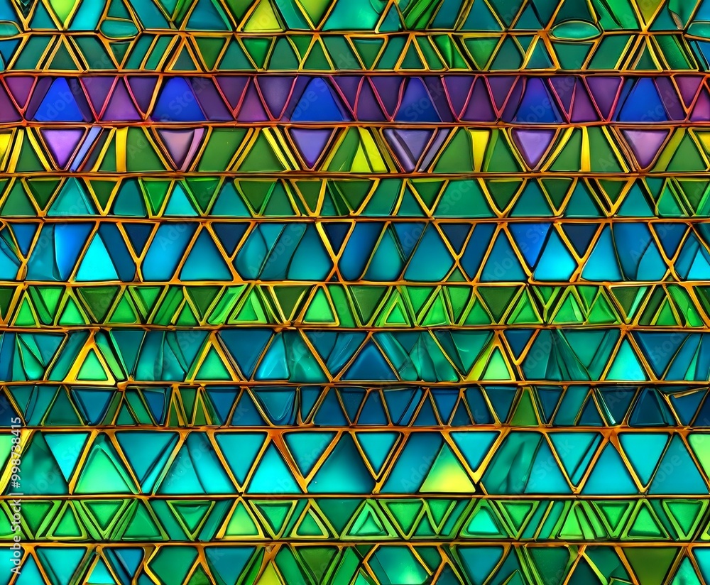 Poster a repeating pattern of overlapping triangular shapes in various shades of green, blue, and purple, c