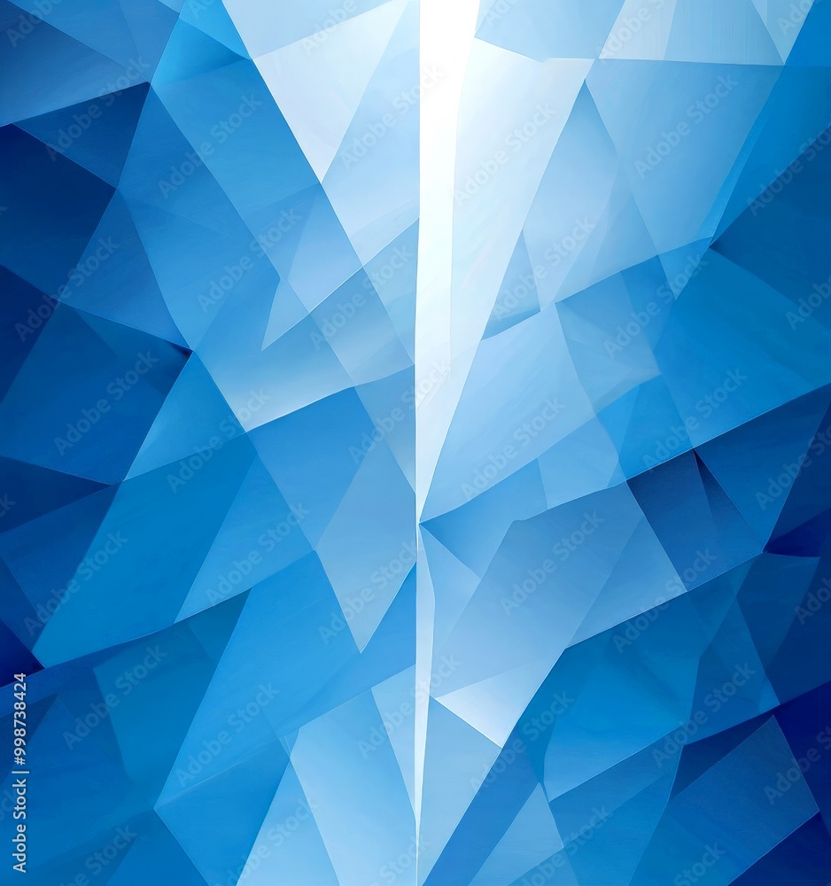 Poster a geometric pattern composed of blue triangles arranged in a diagonal pattern, creating a sense of d