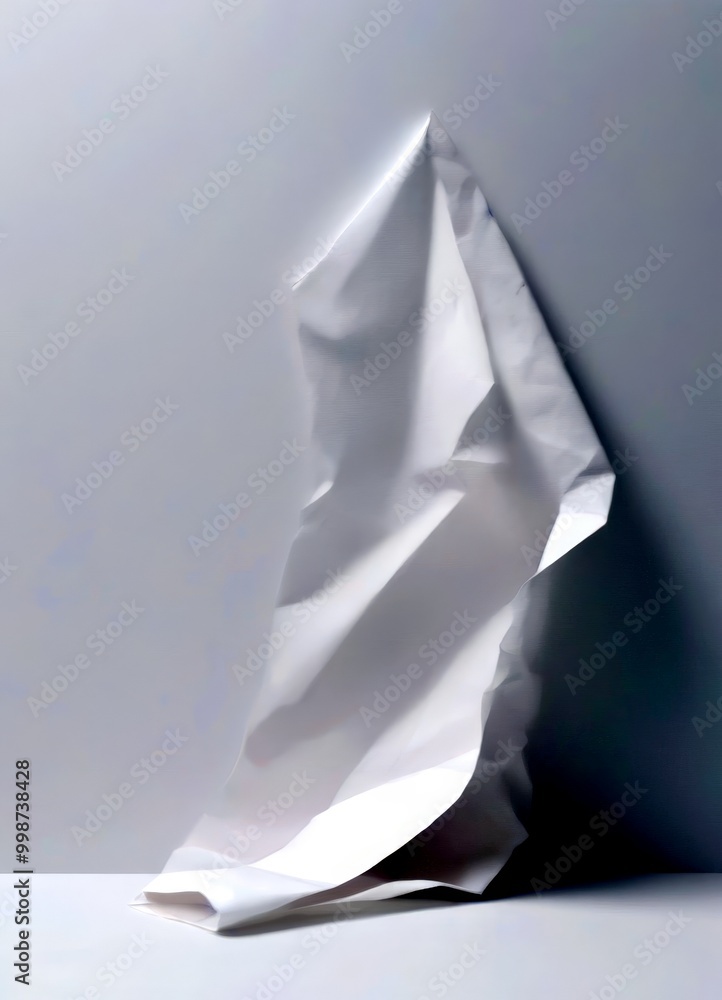 Aufkleber A crumpled white sheet of paper is shown against a plain white background, creating a minimalist and abstract composition