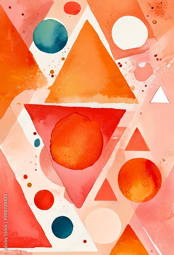 Poster an abstract composition featuring a variety of geometric shapes and colors, including triangles, cir