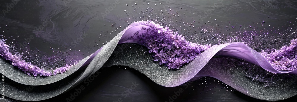 Poster a wave-like pattern of purple flowers and glittering particles against a dark background