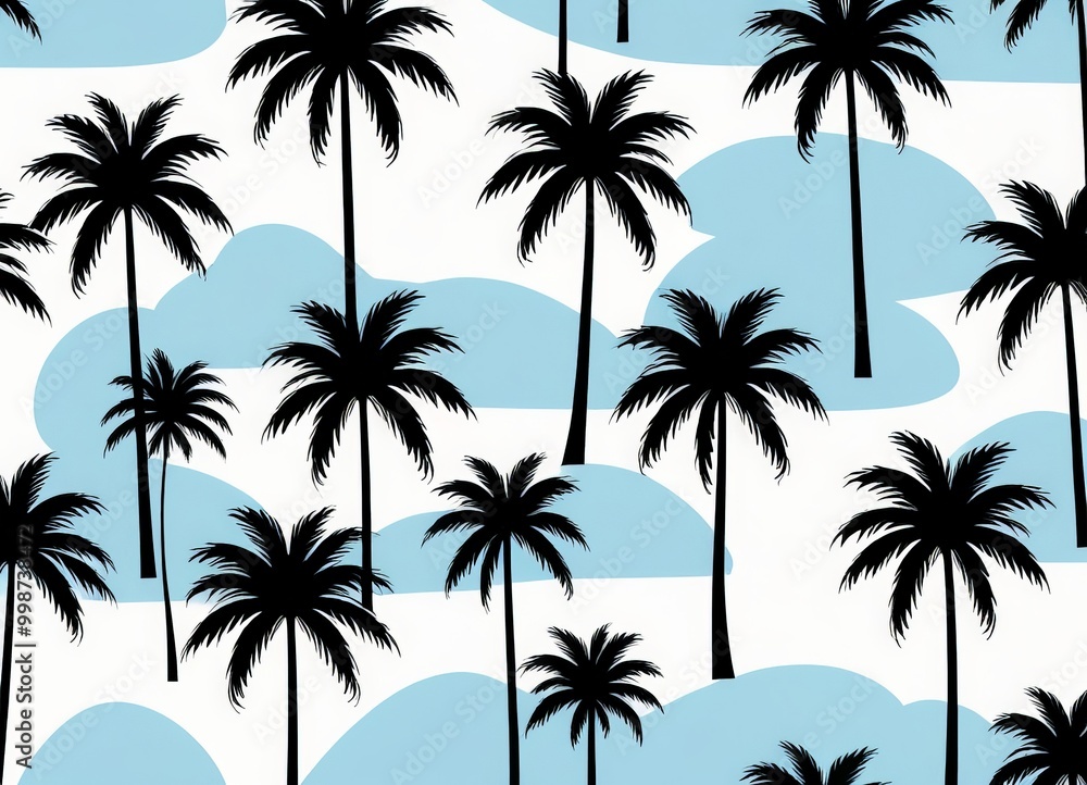Poster A repeating pattern of silhouetted palm trees against a light blue background, with some clouds and a white sky