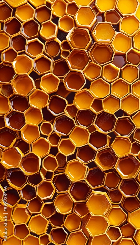 Poster a close-up view honeycomb pattern composed of numerous hexagonal cells filled with a golden liquid, likely honey