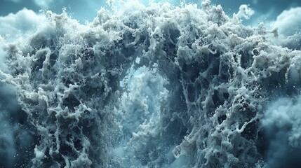 Fototapeta premium Majestic ocean wave crashing, showcasing power and beauty of nature under dramatic lighting and swirling clouds.