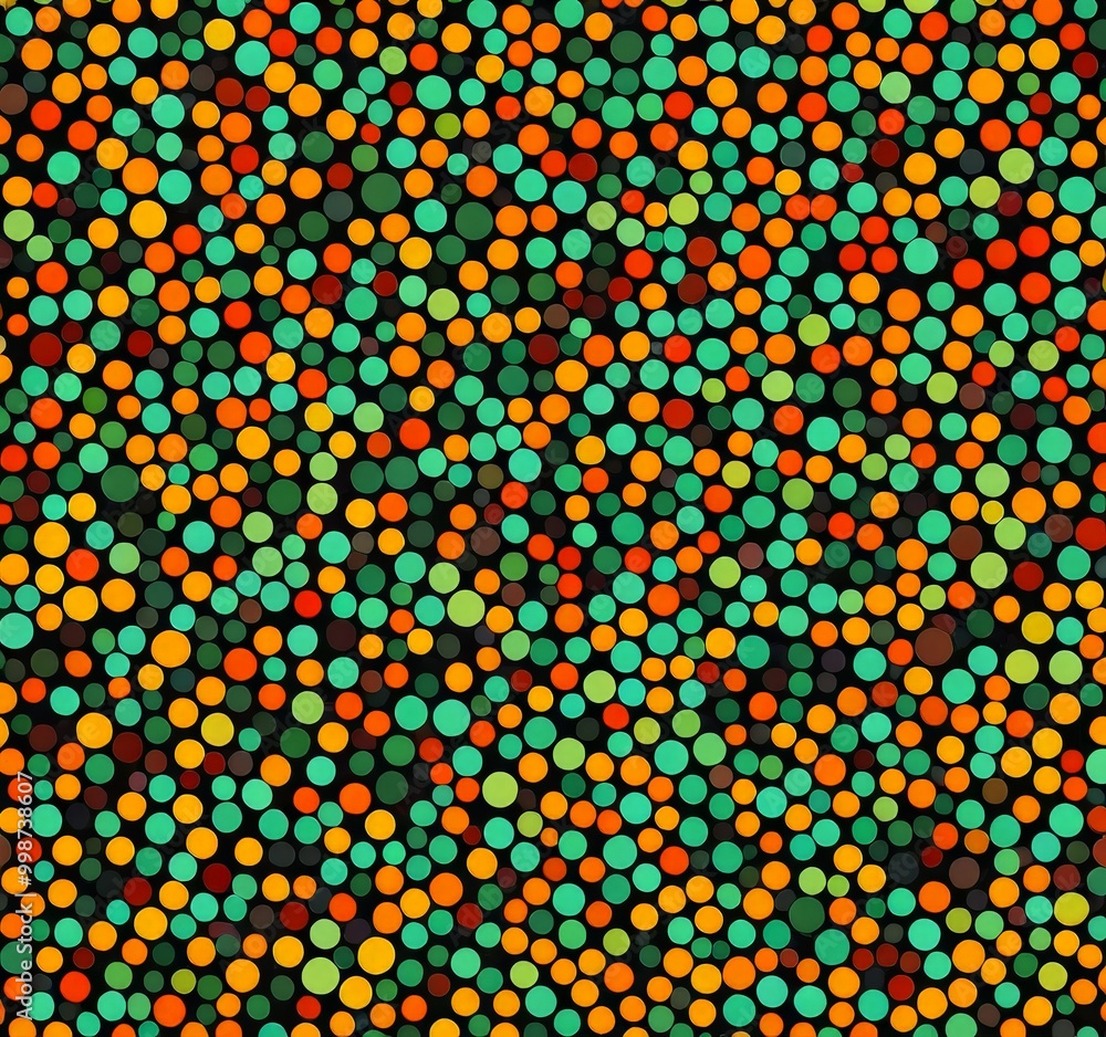 Poster a vibrant and colorful pattern composed of numerous small circles in various shades of green, orange