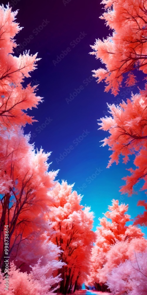 Aufkleber a surreal, dreamlike scene of pink and white trees against a deep blue sky, creating a vibrant and e