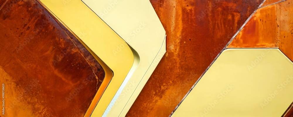 Aufkleber a close-up view of a textured surface with a geometric pattern of intersecting lines and shapes in various shades of yellow and orange.