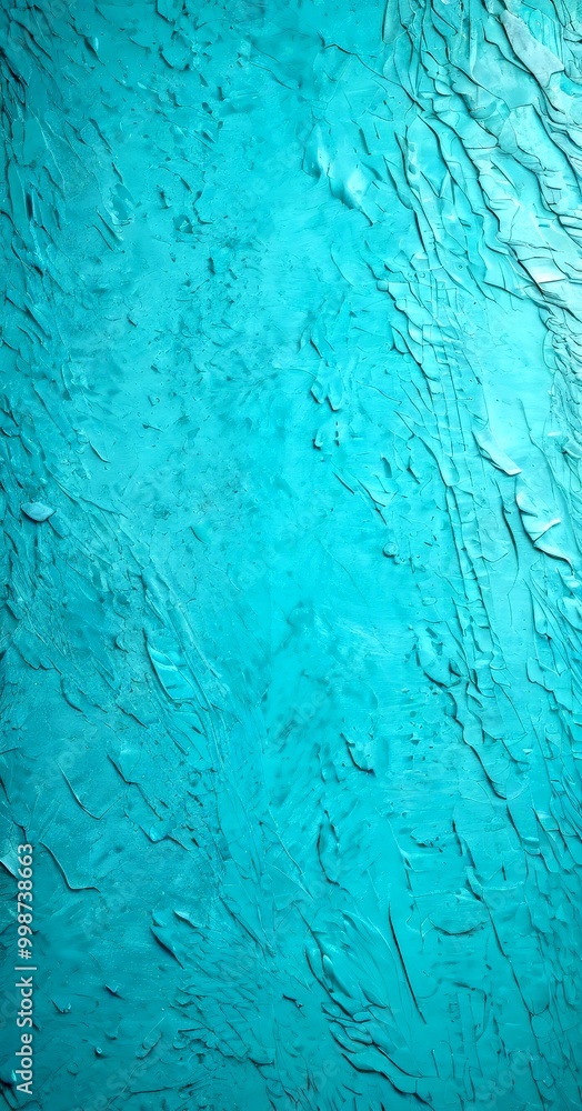 Poster a close-up view textured surface with a vibrant turquoise color The surface appears to be made material that resembles paint or plaster, with a rough, uneven