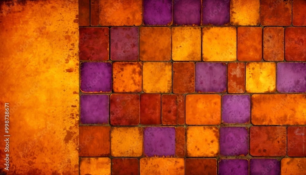 Aufkleber a close-up view wall composed of square tiles in various shades of orange, purple, and brown, arrang