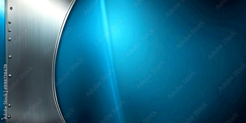 Poster a metallic surface with a curved edge and a metallic panel on the left side, set against a gradient blue background