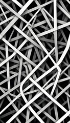 a black and white abstract composition featuring a complex network of intersecting lines and curves, creating a sense of depth and complexity