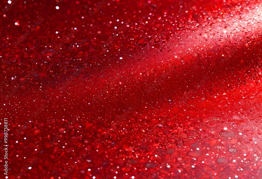 Poster a close-up view red glittery surface, with a gradient effect transitioning from a deep red at the top to a lighter red at the bottom Small white dots are