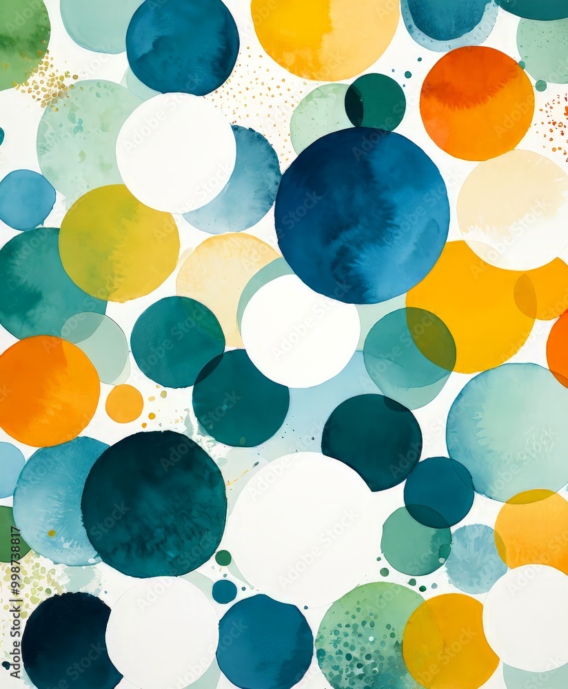 Poster an abstract composition featuring overlapping circles in various shades of blue, green, yellow, and orange, creating a dynamic and visually striking pattern